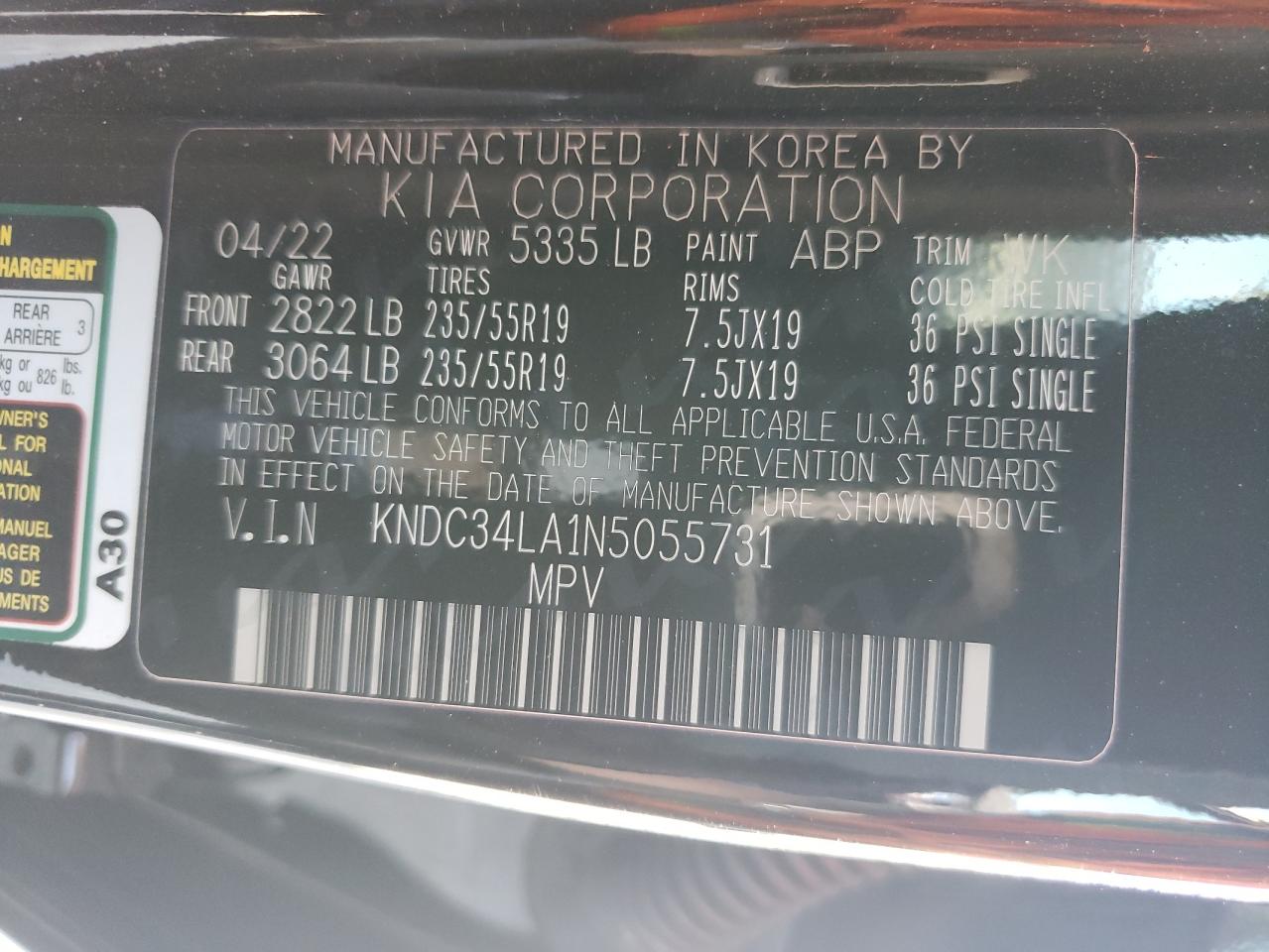 2022 Kia Ev6 Light VIN: KNDC34LA1N5055731 Lot: 69459954