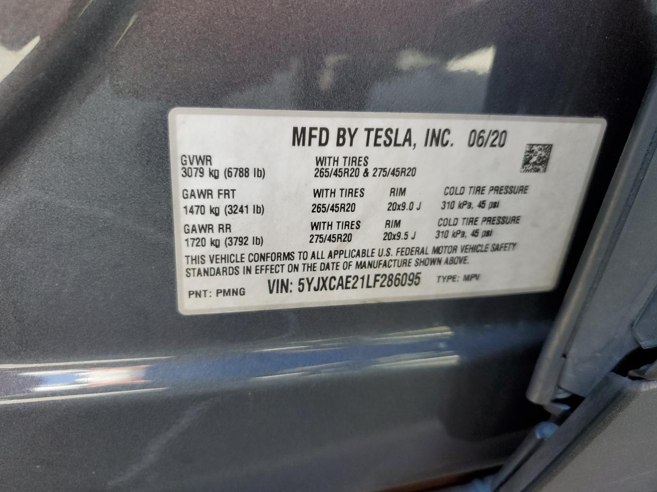 2020 Tesla Model X VIN: 5YJXCAE21LF286095 Lot: 71318384