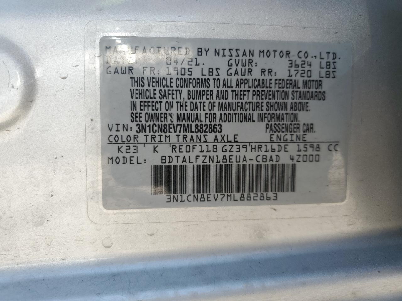 3N1CN8EV7ML882863 2021 Nissan Versa Sv