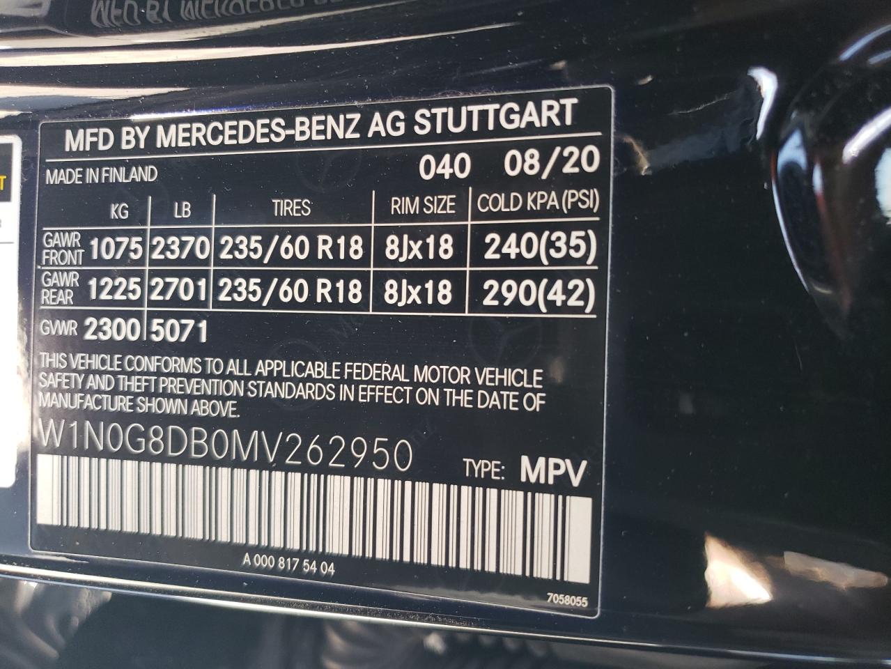 2021 Mercedes-Benz Glc 300 VIN: W1N0G8DB0MV262950 Lot: 72199394