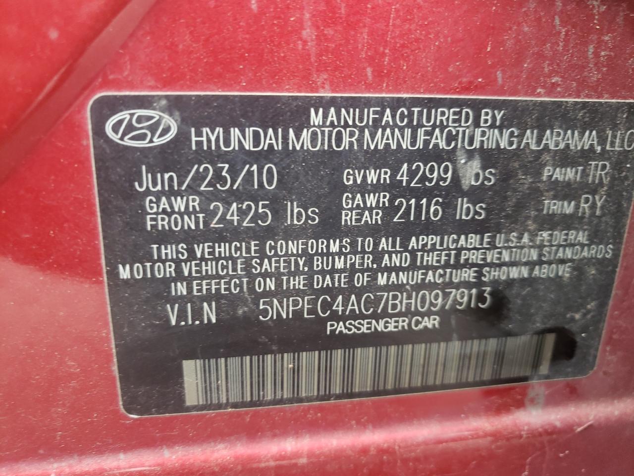 5NPEC4AC7BH097913 2011 Hyundai Sonata Se