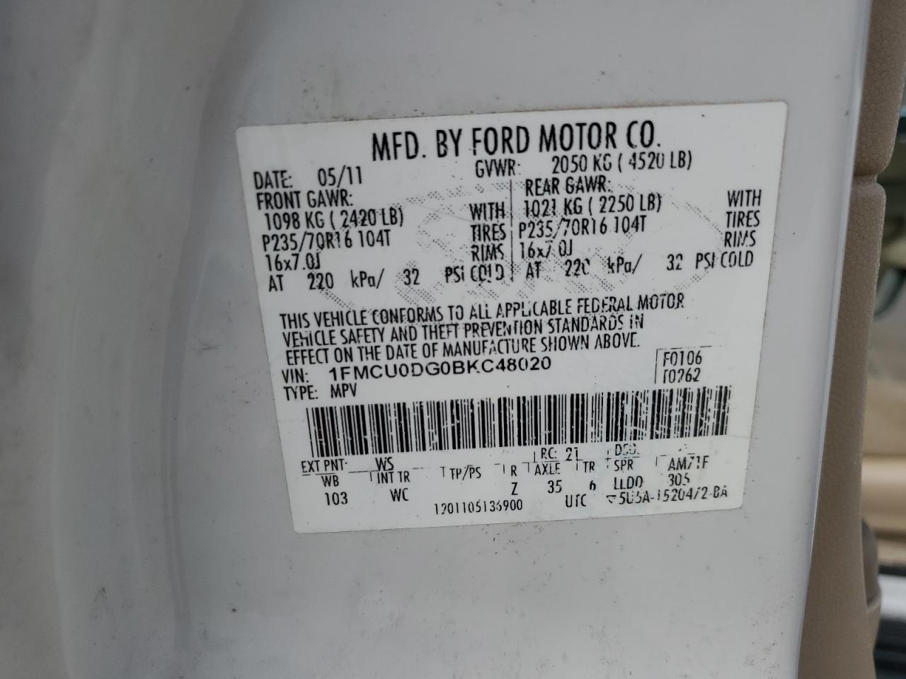 2011 Ford Escape Xlt VIN: 1FMCU0DG0BKC48020 Lot: 72727844