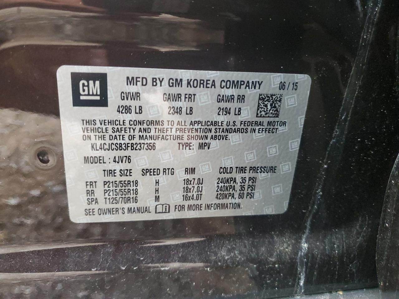 2015 BUICK ENCORE with BURN - ENGINE damage, VIN KL4CJCSB3FB237356