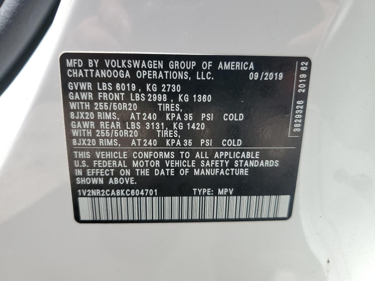 1V2NR2CA8KC604701 2019 Volkswagen Atlas Sel Premium