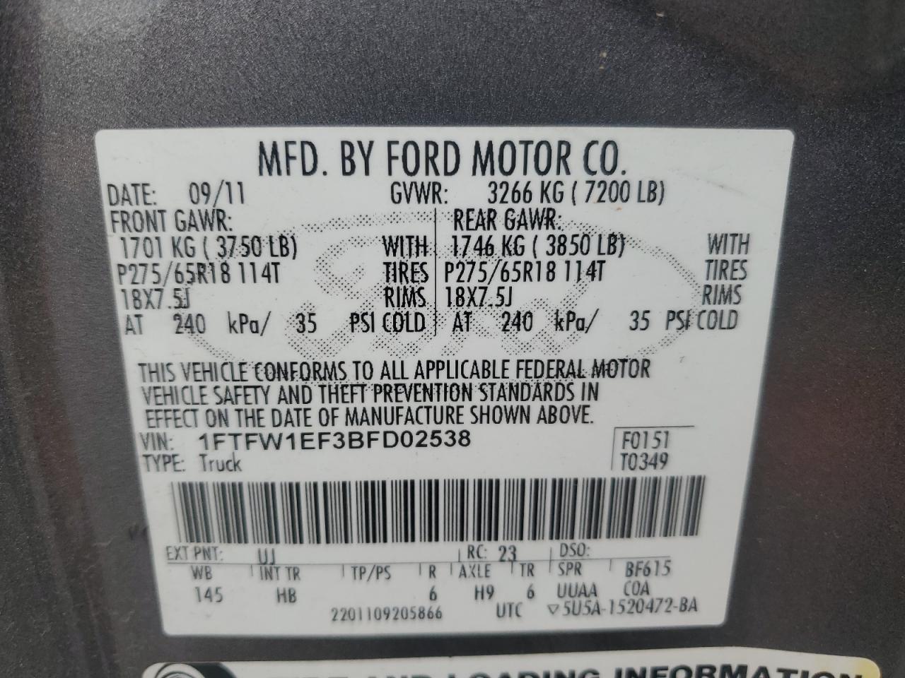 2012 Ford F150 Supercrew VIN: 1FTFW1EF3BFD02538 Lot: 71472844