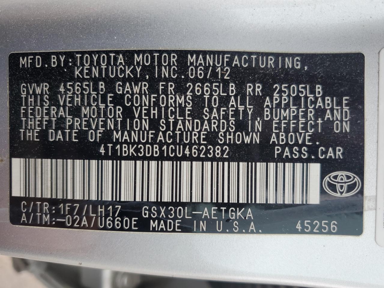 4T1BK3DB1CU462382 2012 Toyota Avalon Base