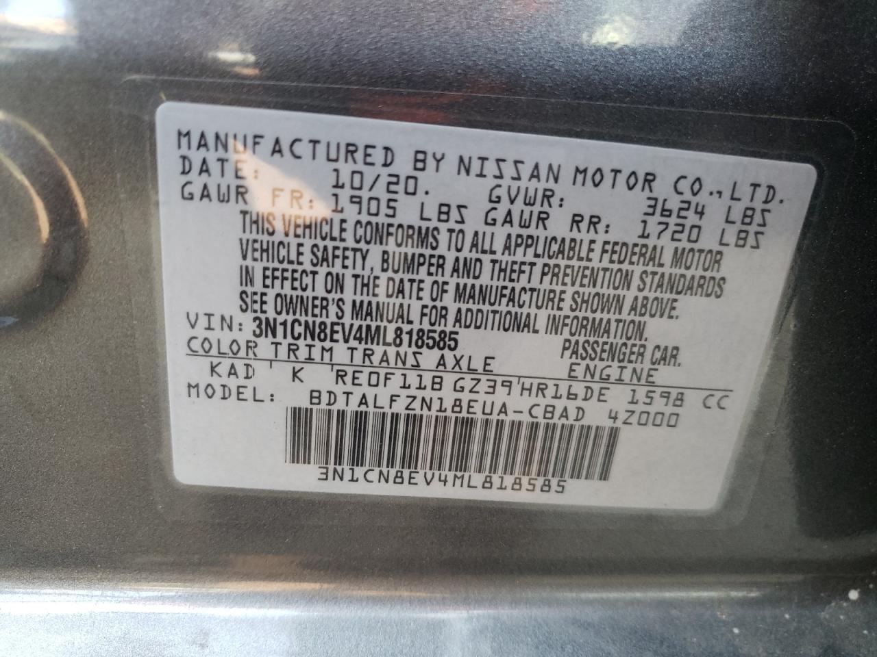 2021 Nissan Versa Sv VIN: 3N1CN8EV4ML818585 Lot: 71272604