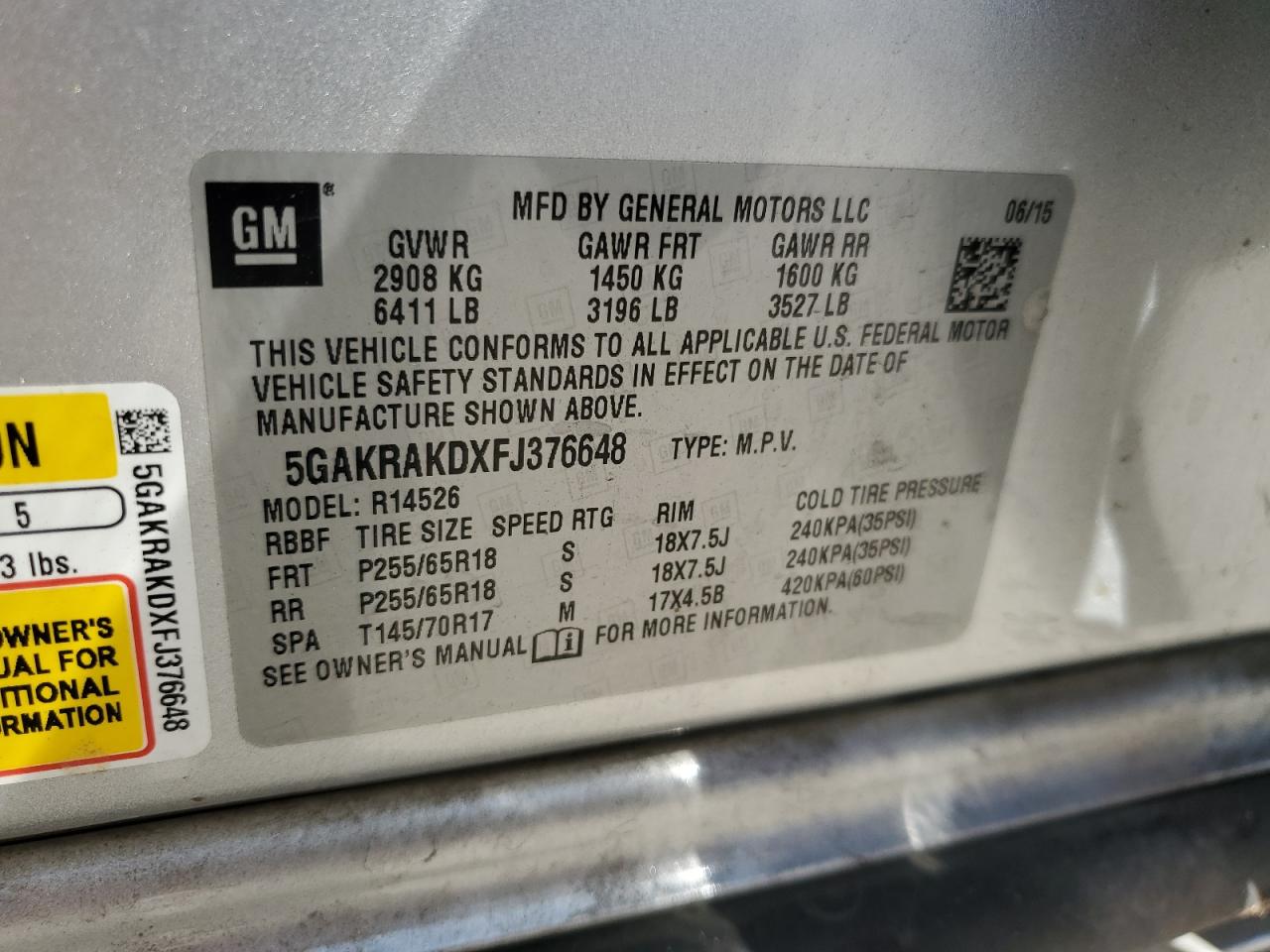 5GAKRAKDXFJ376648 2015 Buick Enclave