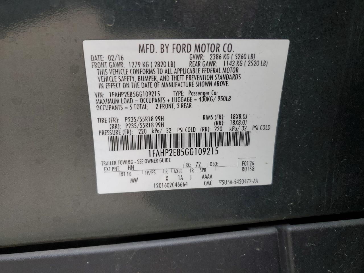 1FAHP2E85GG109215 2016 Ford Taurus Sel