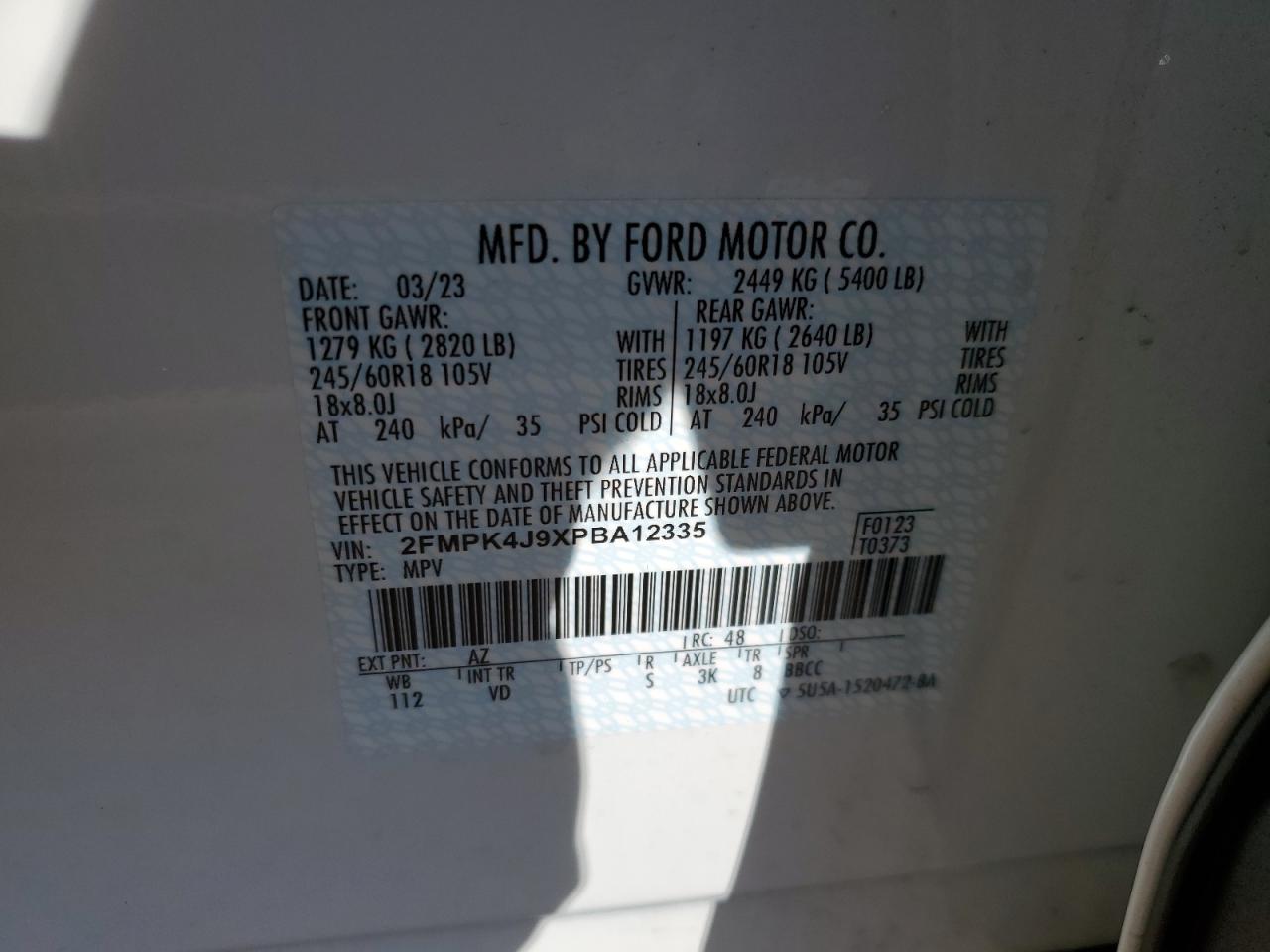 2023 Ford Edge Sel VIN: 2FMPK4J9XPBA12335 Lot: 69340384