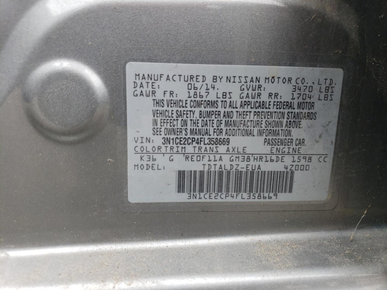 3N1CE2CP4FL358669 2015 Nissan Versa Note S