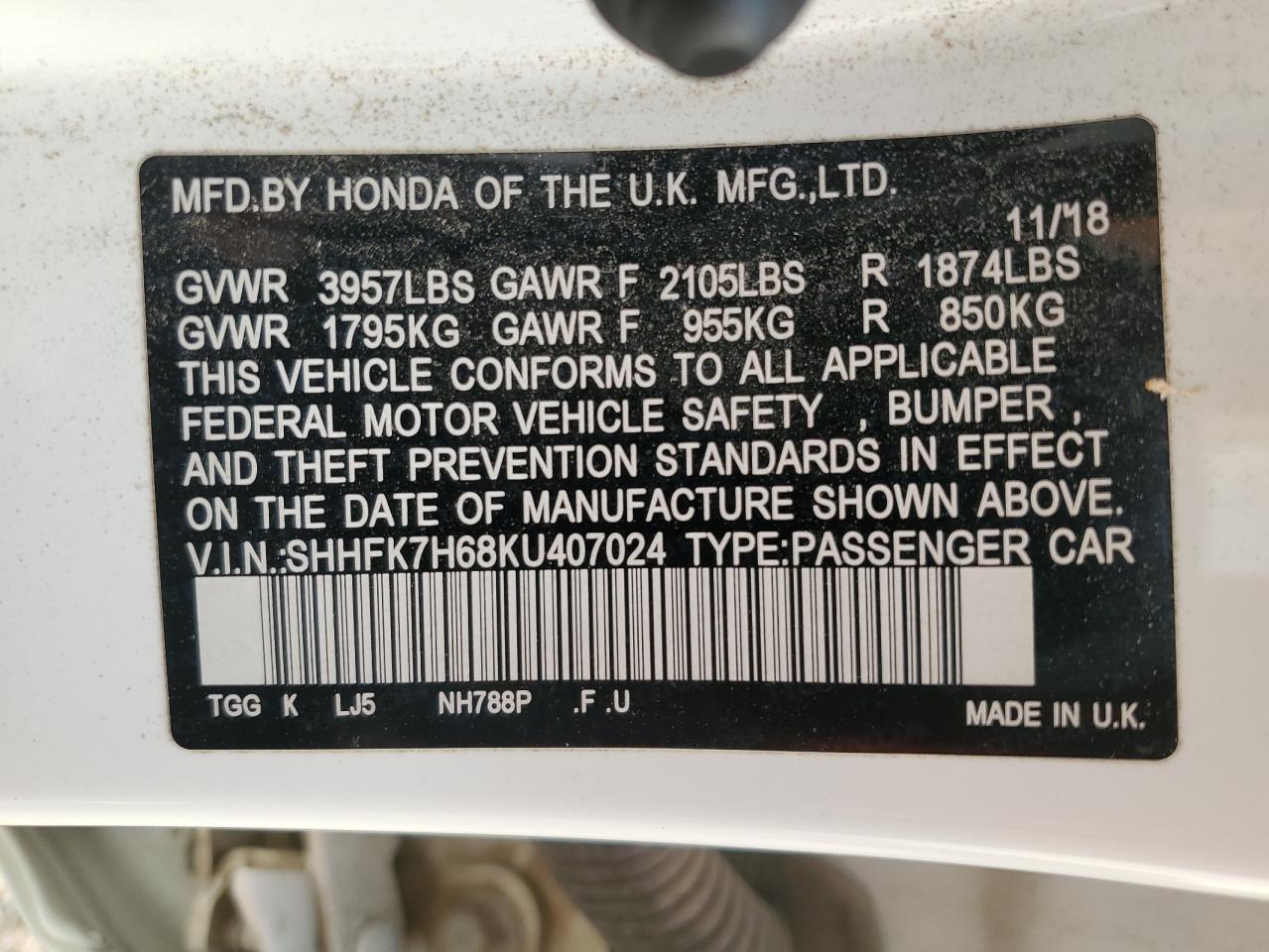 SHHFK7H68KU407024 2019 Honda Civic Ex