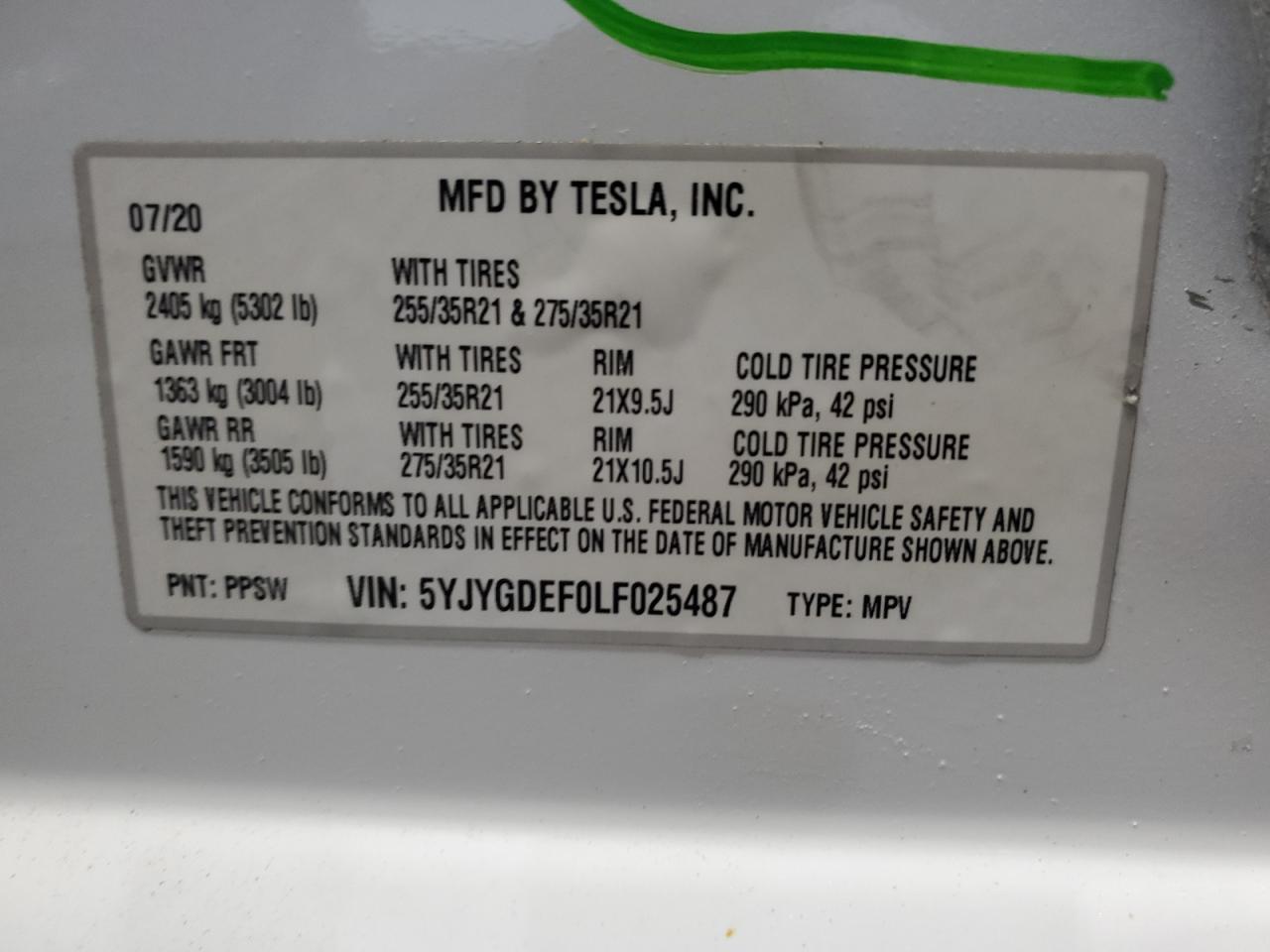 5YJYGDEF0LF025487 2020 Tesla Model Y