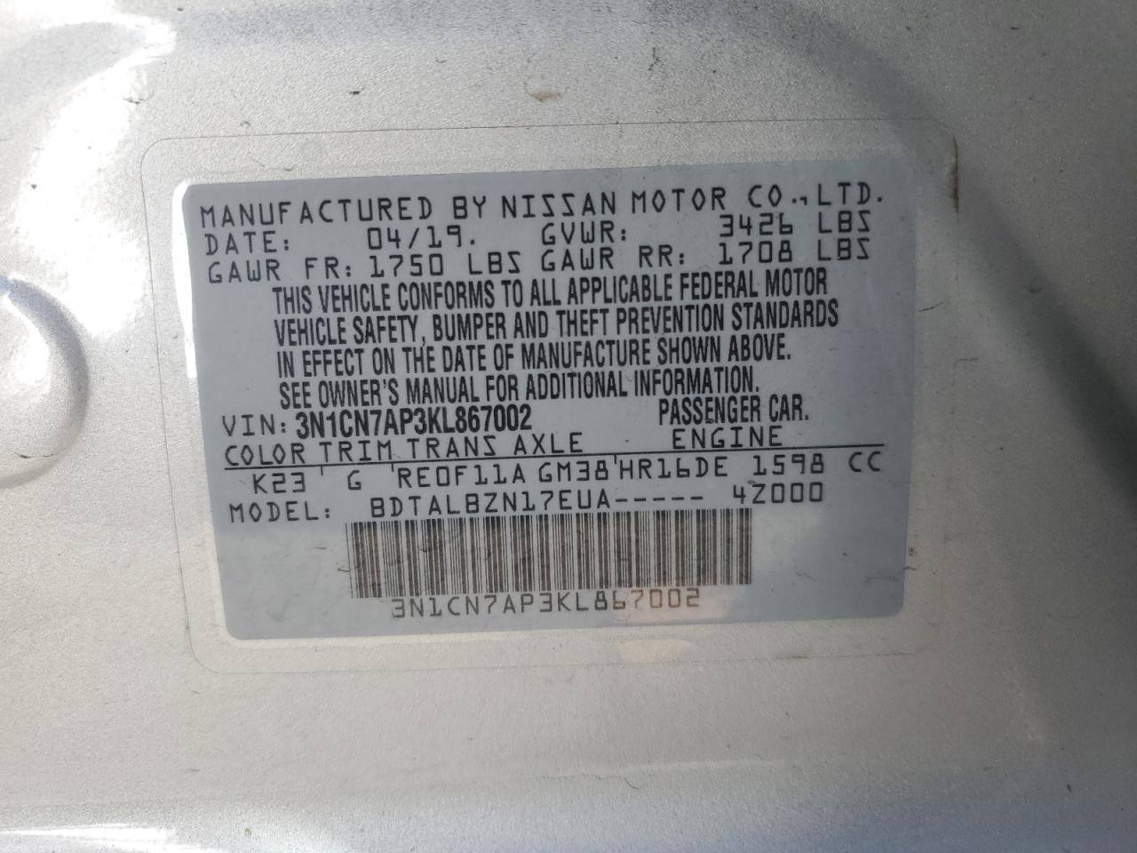 3N1CN7AP3KL867002 2019 Nissan Versa S