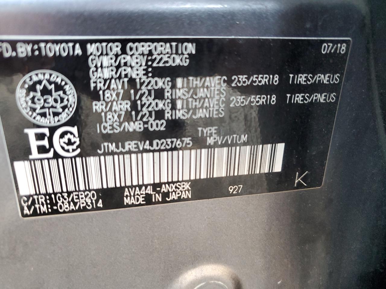 JTMJJREV4JD237675 2018 Toyota Rav4 Hv Se