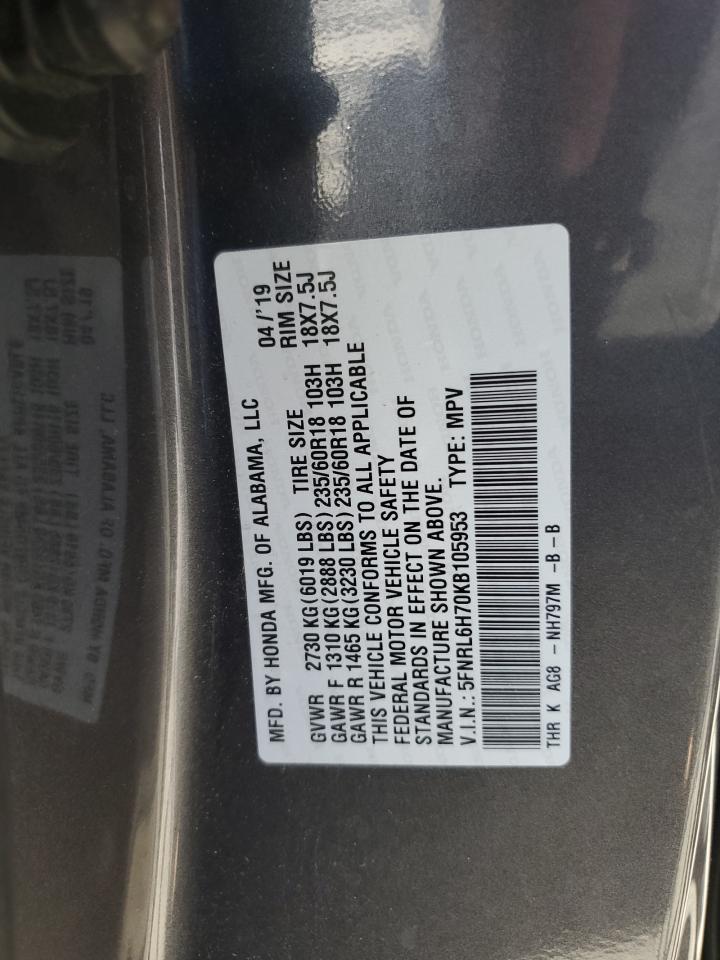 5FNRL6H70KB105953 2019 Honda Odyssey Exl