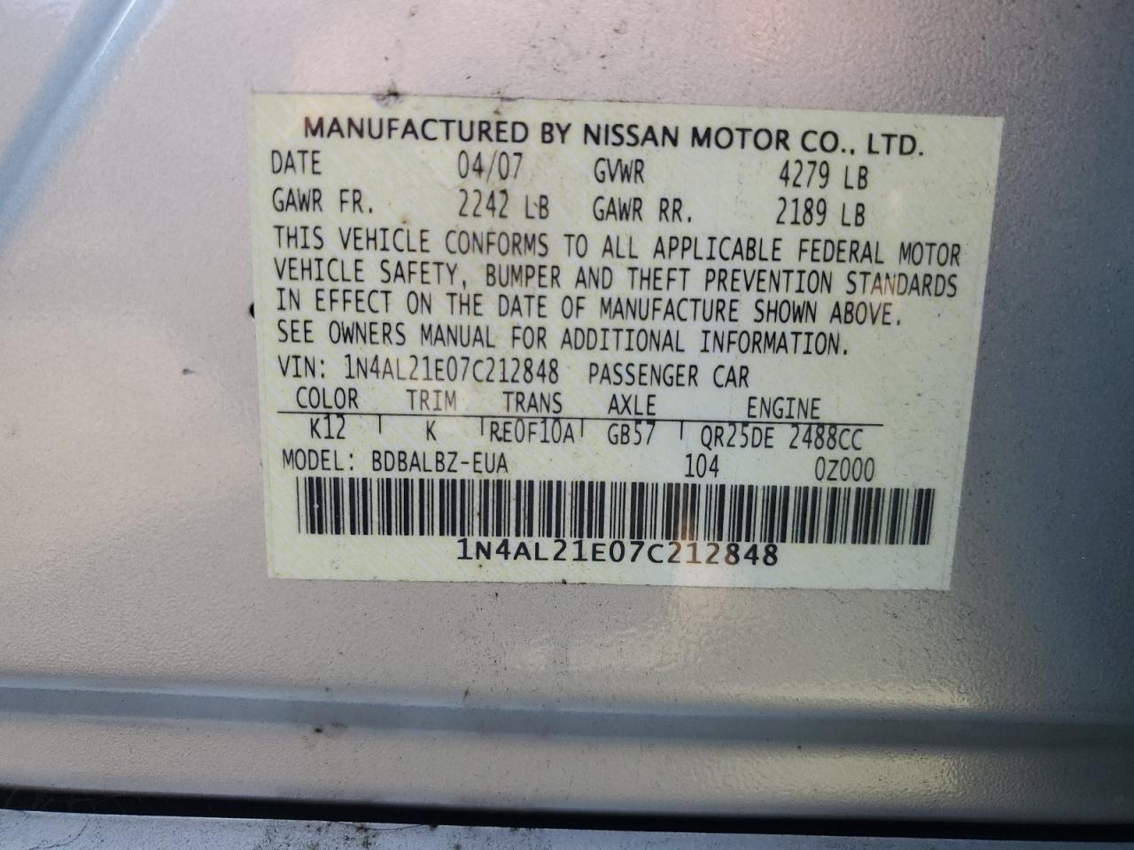 1N4AL21E07C212848 2007 Nissan Altima 2.5