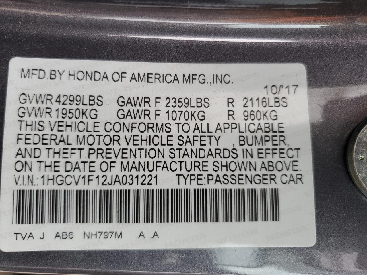 1HGCV1F12JA031221 2018 Honda Accord Lx