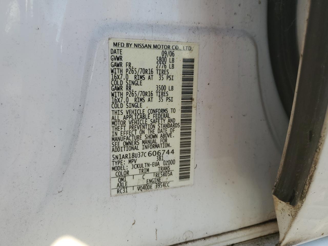 2007 Nissan Pathfinder Le VIN: 5N1AR18U37C606744 Lot: 73203084