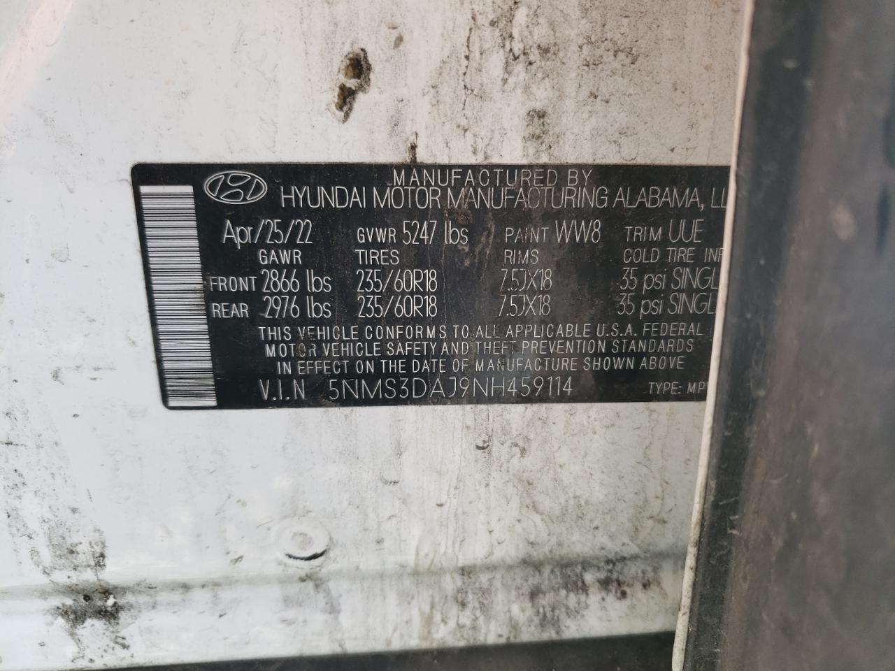 5NMS3DAJ9NH459114 2022 Hyundai Santa Fe Sel