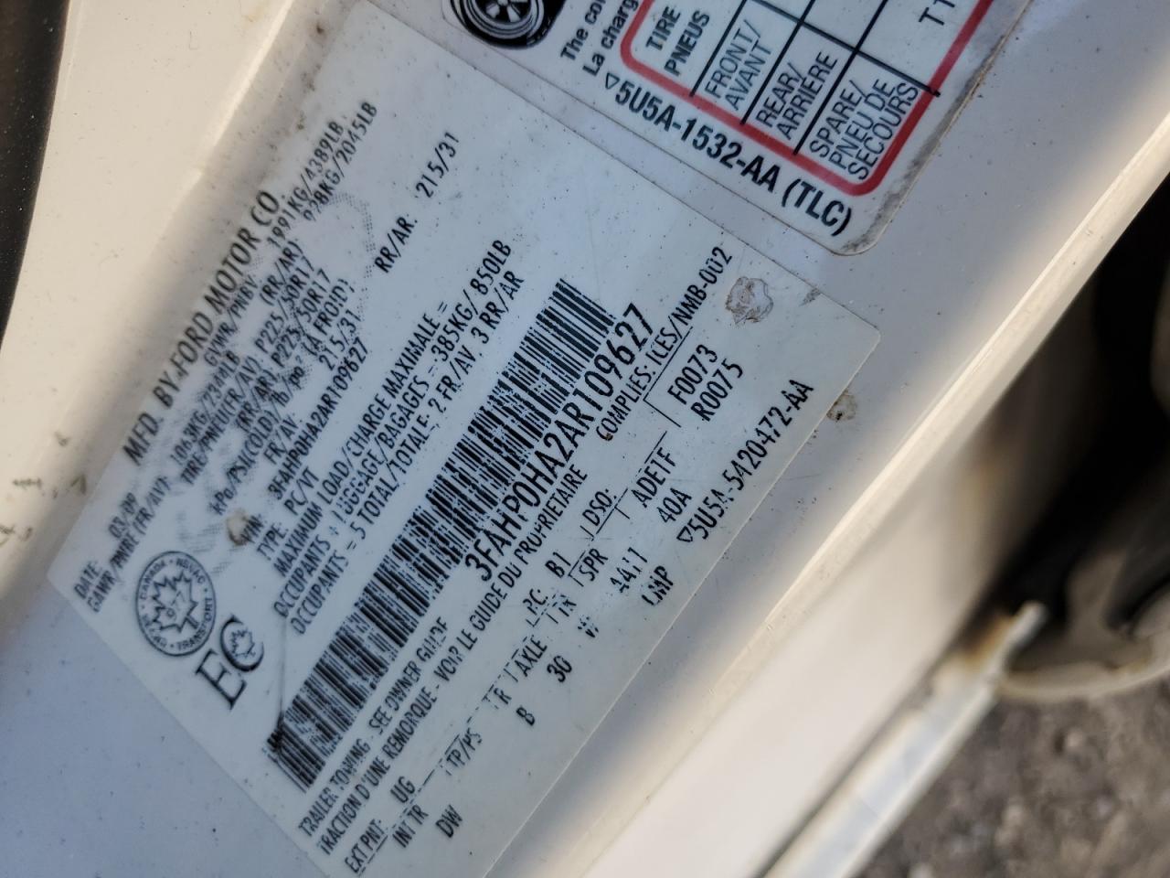 2010 Ford Fusion Se VIN: 3FAHP0HA2AR109627 Lot: 71634384