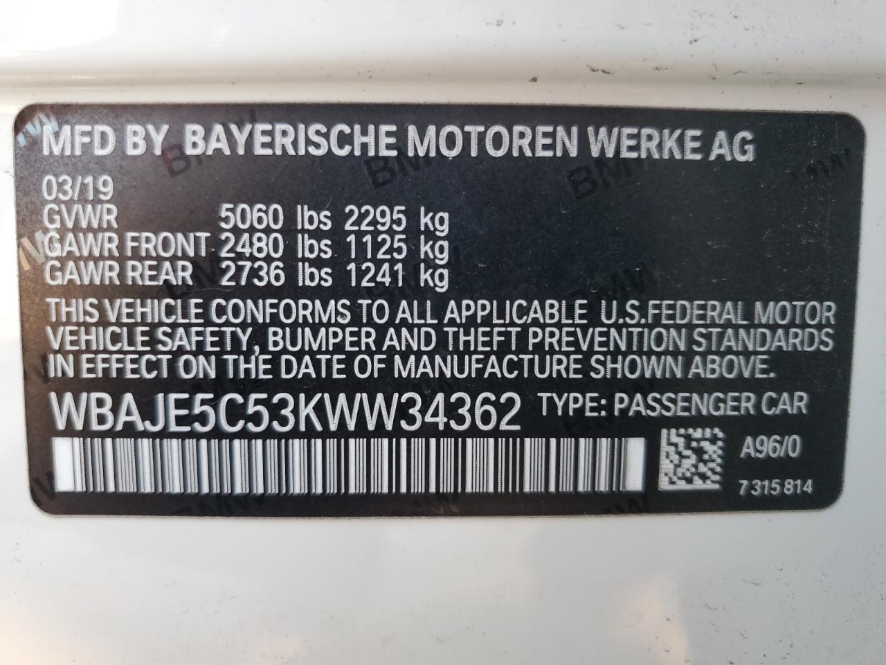 WBAJE5C53KWW34362 2019 BMW 540 I