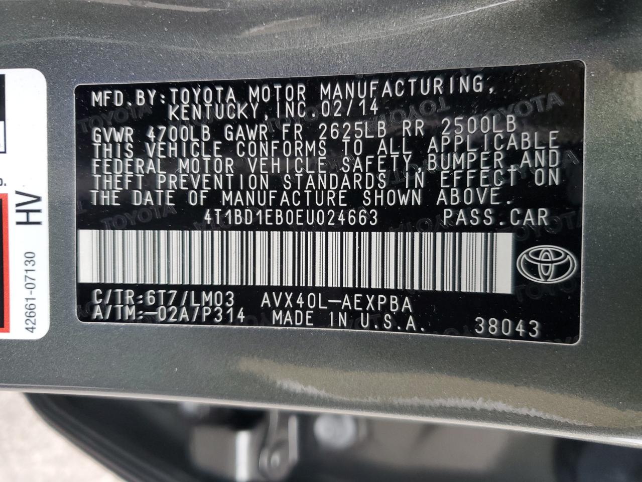 2014 Toyota Avalon Hybrid VIN: 4T1BD1EB0EU024663 Lot: 71284344