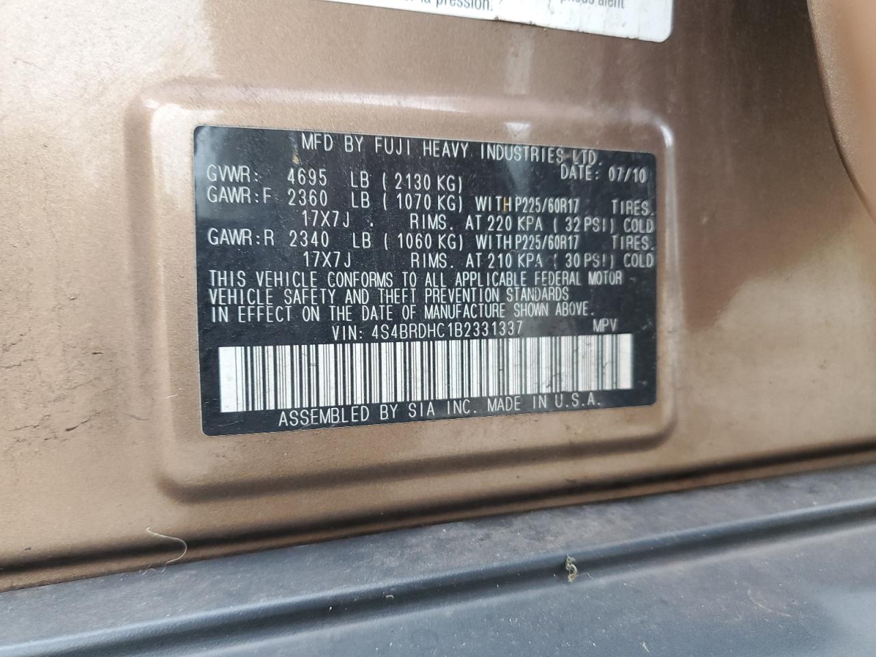 2011 Subaru Outback 3.6R Premium VIN: 4S4BRDHC1B2331337 Lot: 72248904