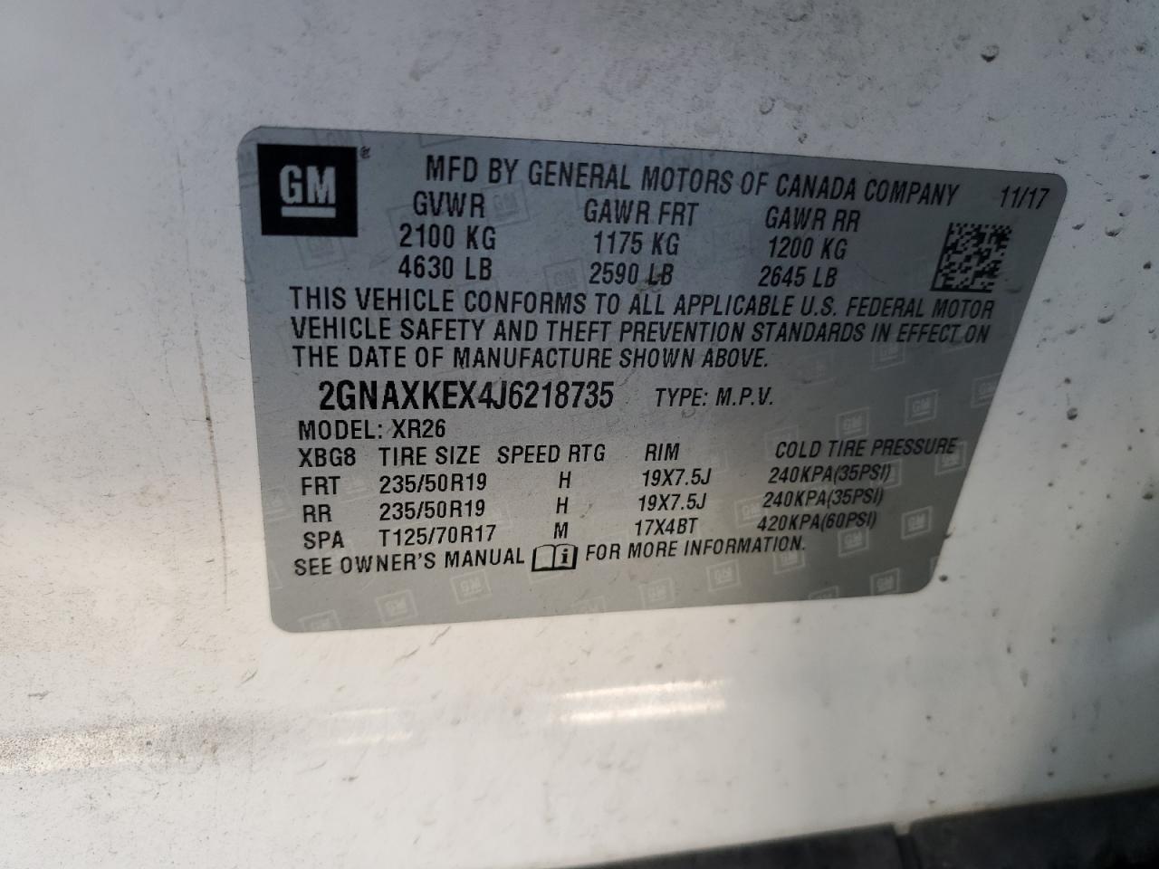 2GNAXKEX4J6218735 2018 Chevrolet Equinox Lt