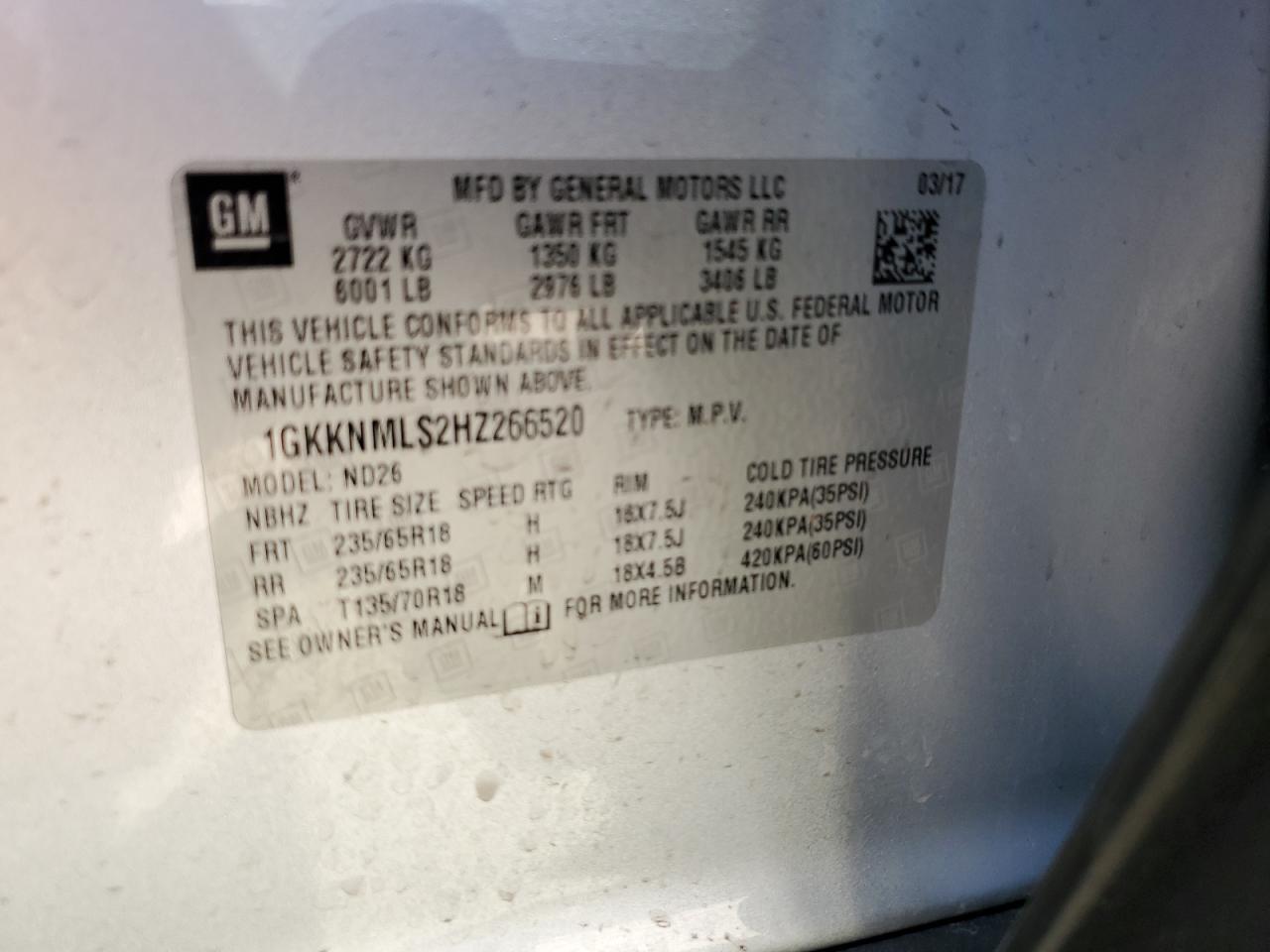 1GKKNMLS2HZ266520 2017 GMC Acadia Slt-1