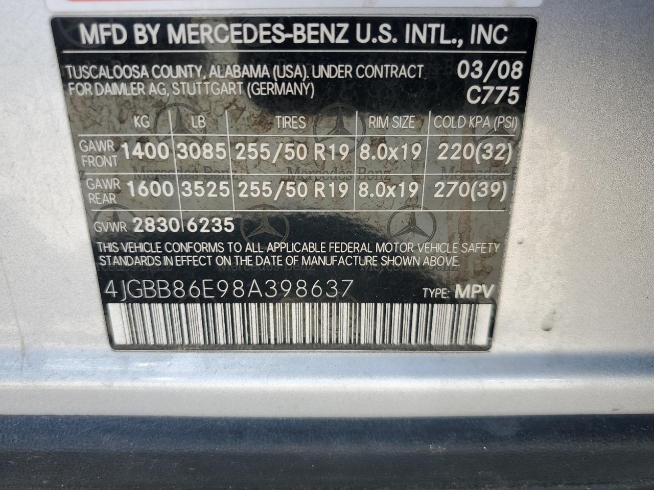 4JGBB86E98A398637 2008 Mercedes-Benz Ml 350