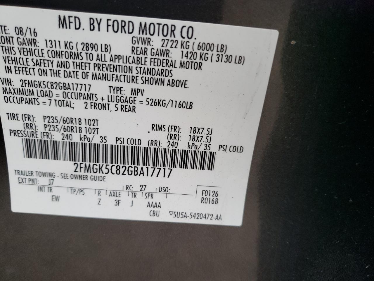 2FMGK5C82GBA17717 2016 Ford Flex Sel