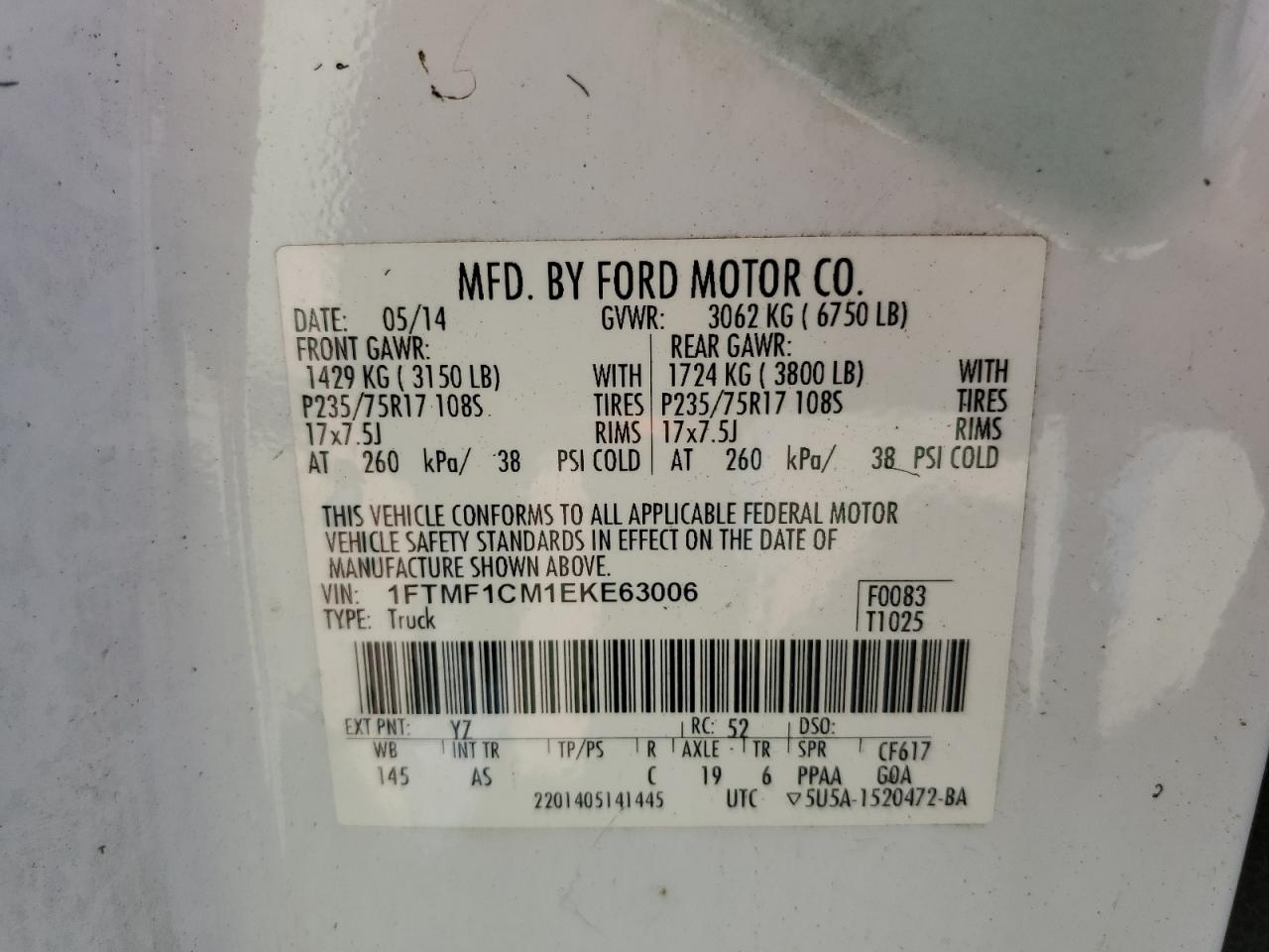 2014 Ford F150 VIN: 1FTMF1CM1EKE63006 Lot: 72951534