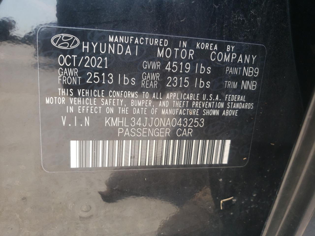 2022 Hyundai Sonata Hybrid VIN: KMHL34JJ0NA043253 Lot: 71843374