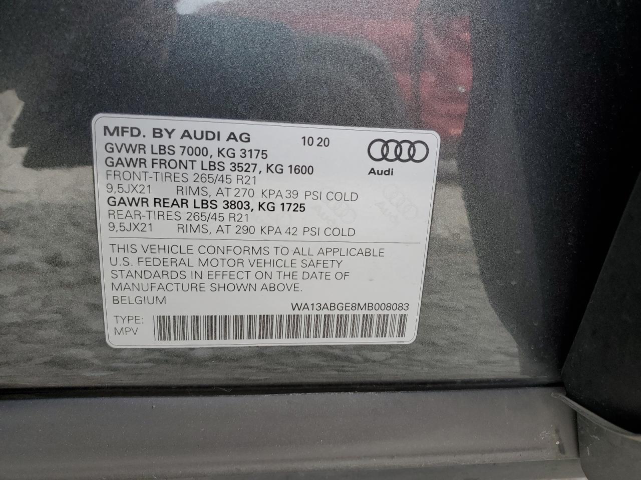 WA13ABGE8MB008083 2021 Audi E-Tron Sportback Prestige