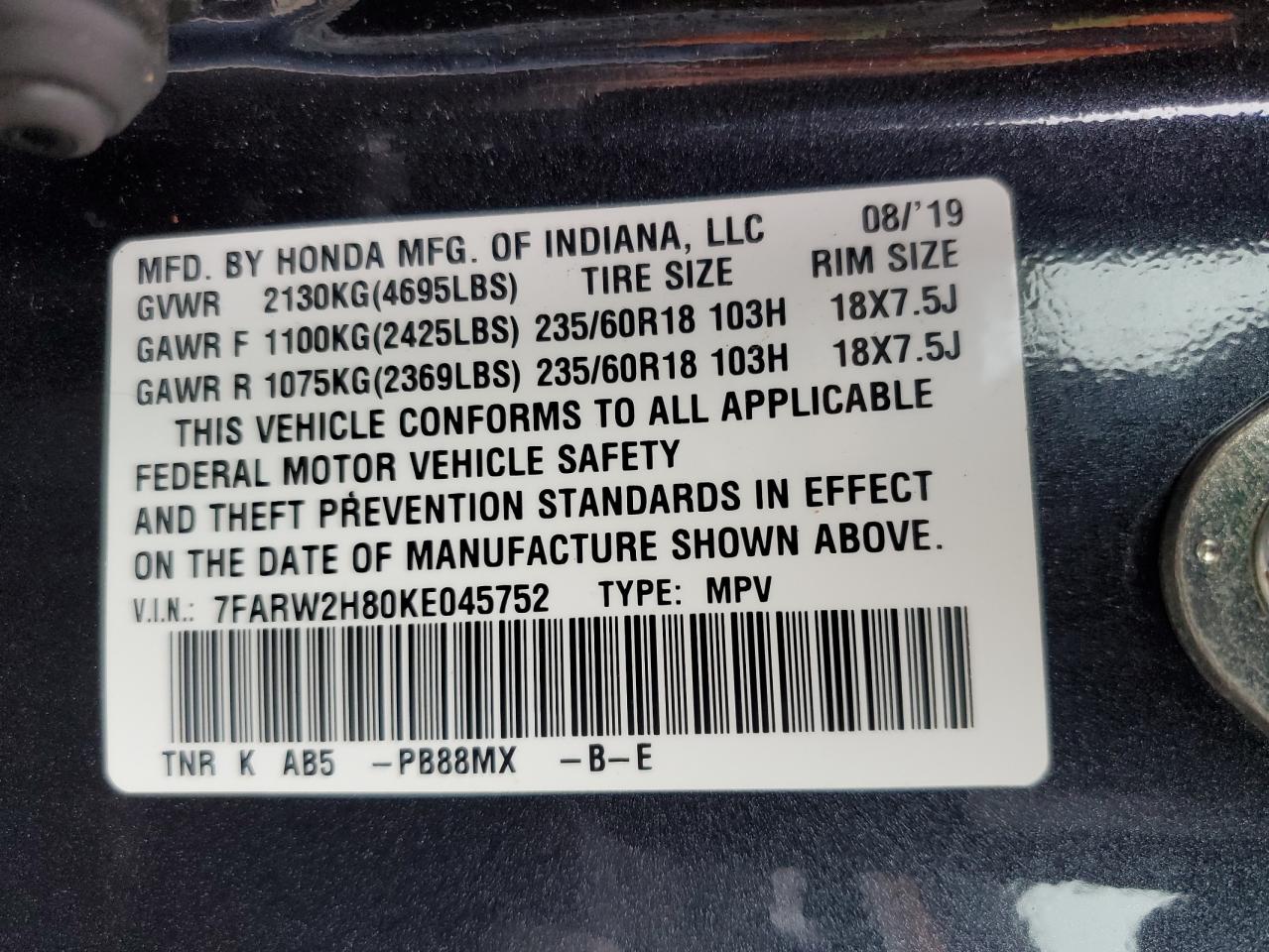 7FARW2H80KE045752 2019 Honda Cr-V Exl