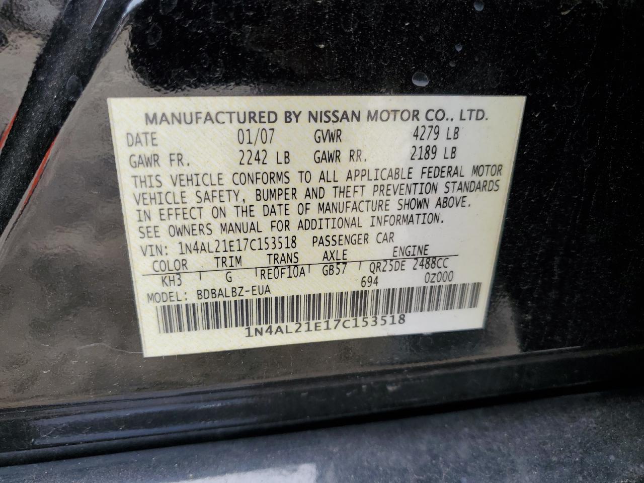 2007 Nissan Altima 2.5 VIN: 1N4AL21E17C153518 Lot: 69165884