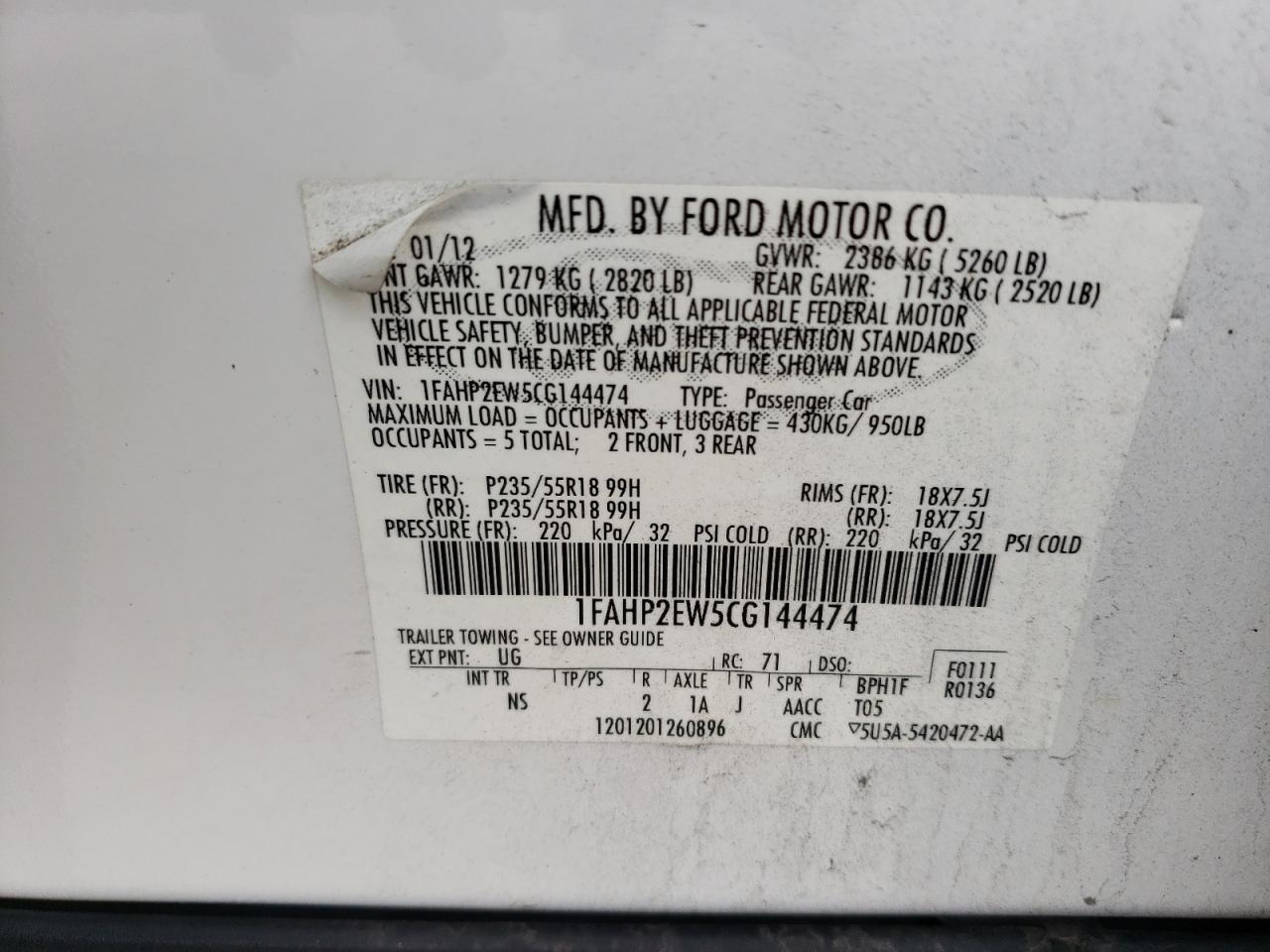 2012 Ford Taurus Sel VIN: 1FAHP2EW5CG144474 Lot: 71480874