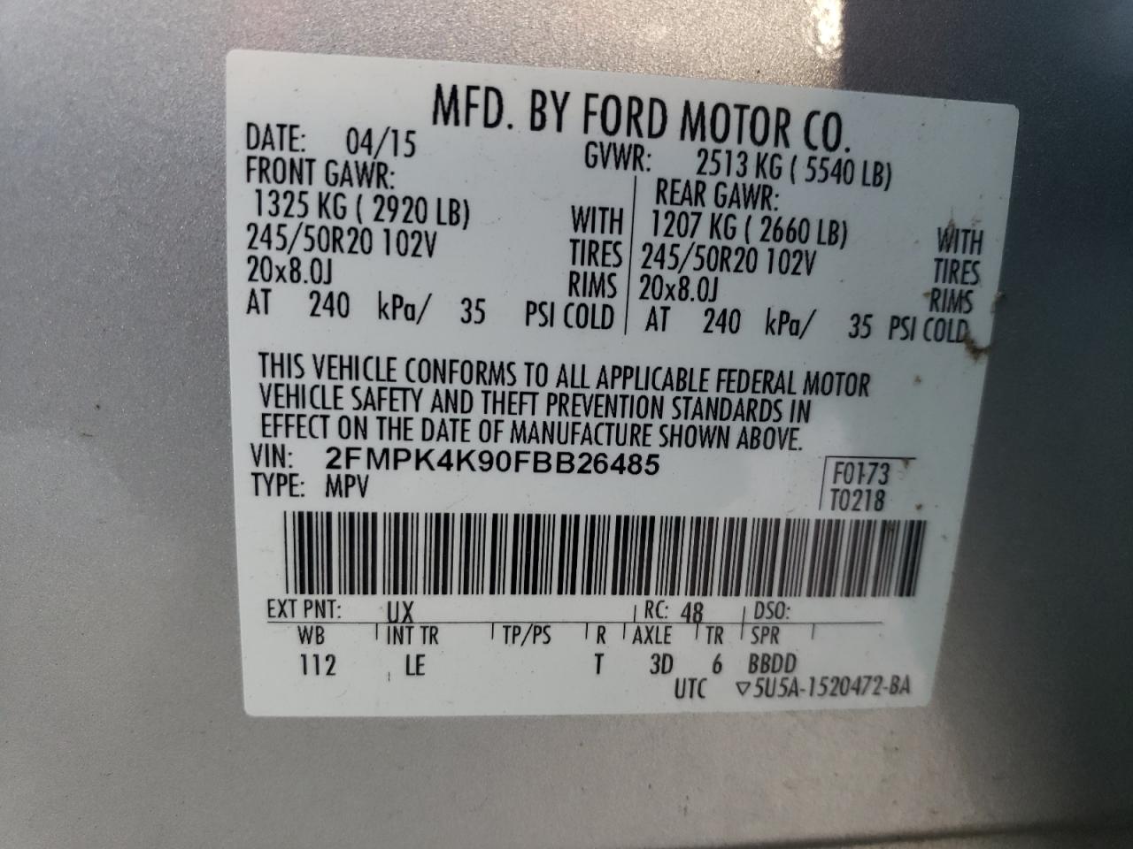 2FMPK4K90FBB26485 2015 Ford Edge Titanium