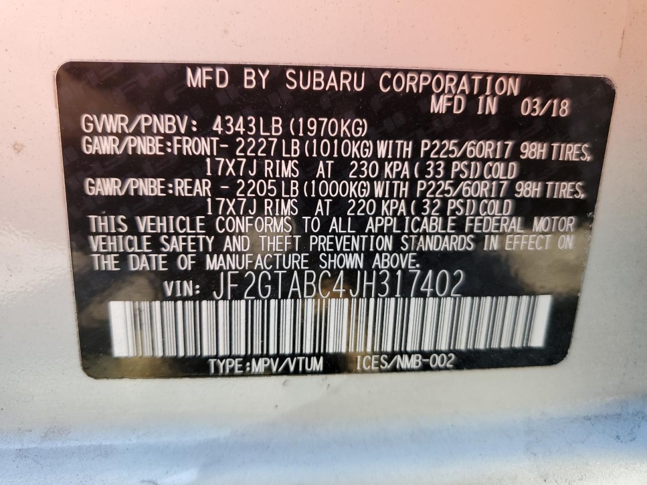 JF2GTABC4JH317402 2018 Subaru Crosstrek Premium