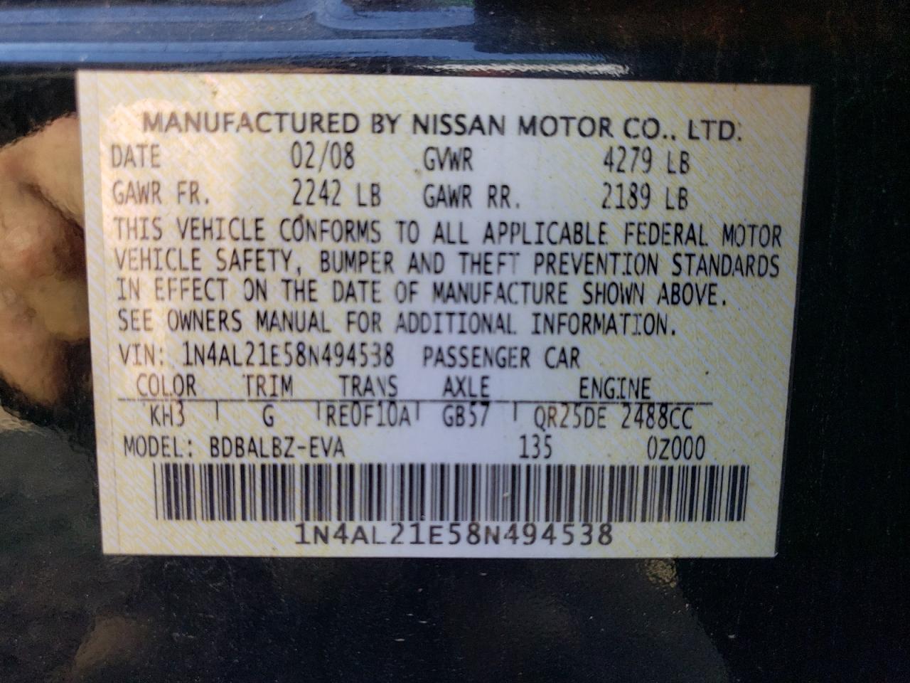 1N4AL21E58N494538 2008 Nissan Altima 2.5