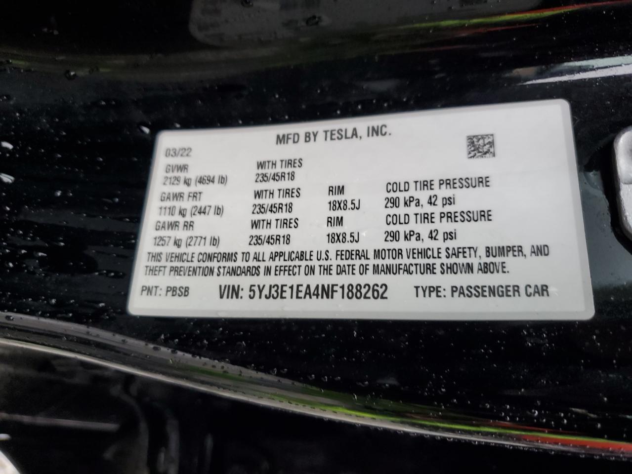 5YJ3E1EA4NF188262 2022 Tesla Model 3