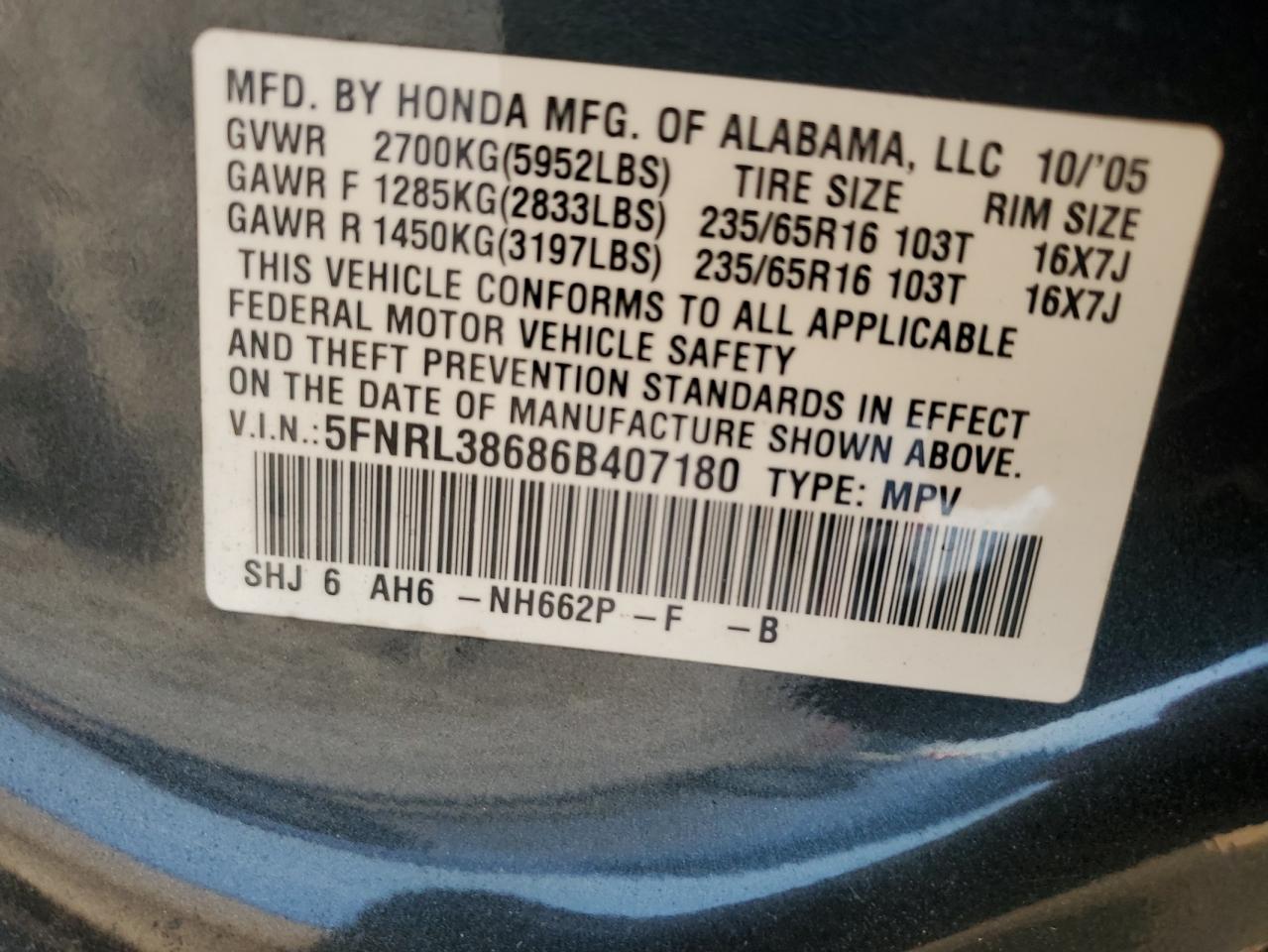 5FNRL38686B407180 2006 Honda Odyssey Exl