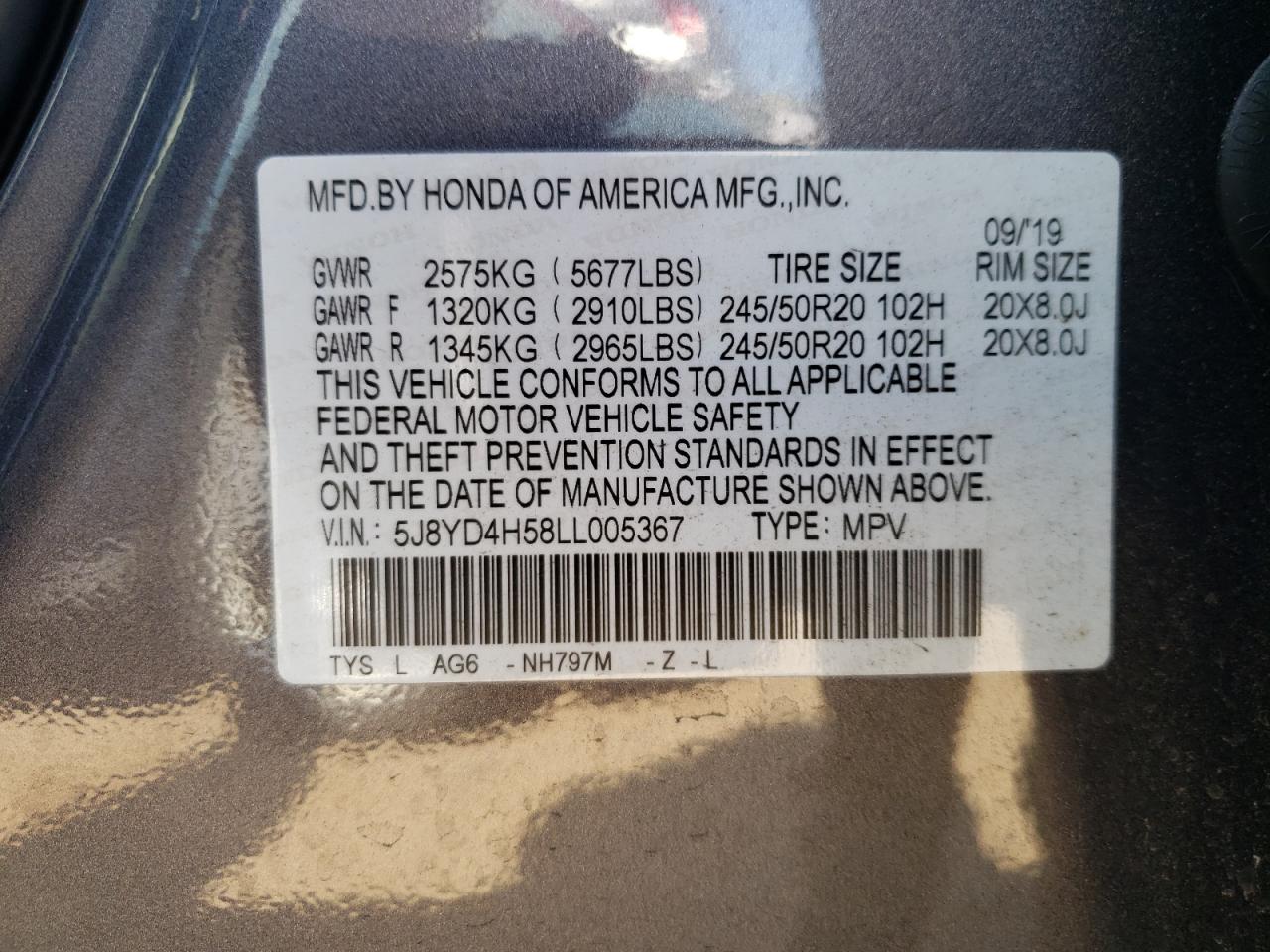 5J8YD4H58LL005367 2020 Acura Mdx Technology