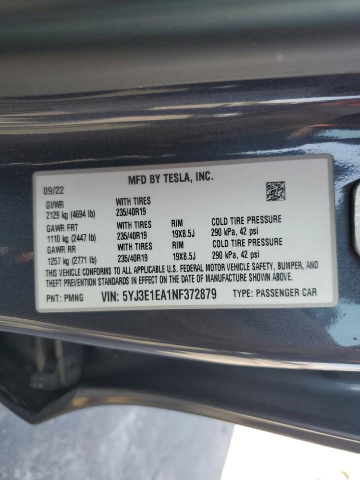 VIN 5YJ3E1EA1NF372879 2022 TESLA MODEL 3 no.12