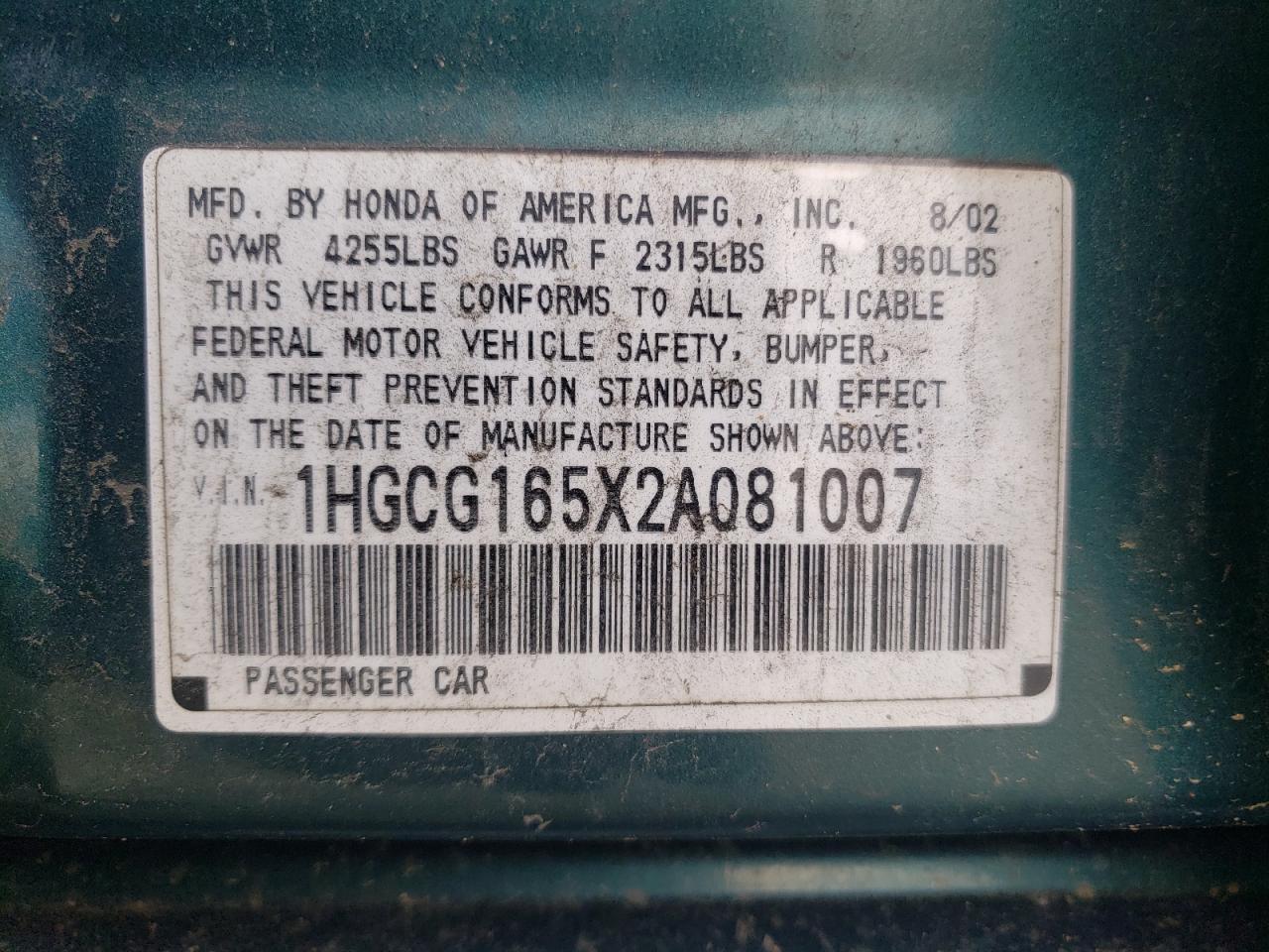 1HGCG165X2A081007 2002 Honda Accord Ex