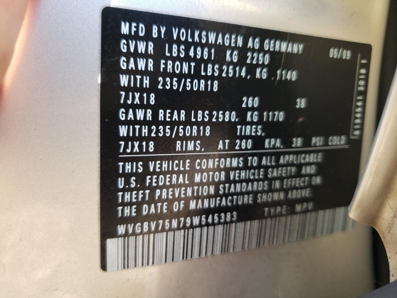 WVGBV75N79W545383 2009 Volkswagen Tiguan Se