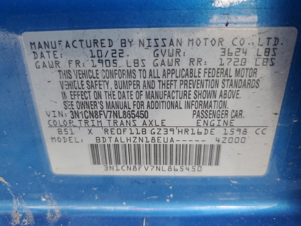 2022 Nissan Versa Sr VIN: 3N1CN8FV7NL865450 Lot: 71781864