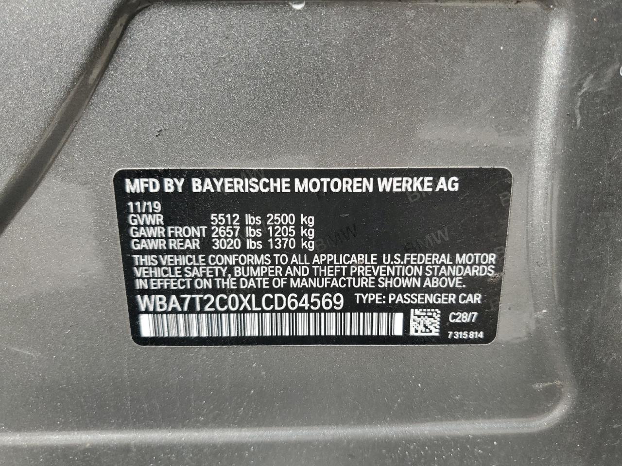 2020 BMW 740 I VIN: WBA7T2C0XLCD64569 Lot: 70793184