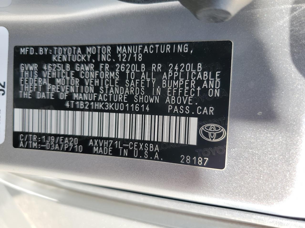 4T1B21HK3KU011614 2019 Toyota Camry Hybrid